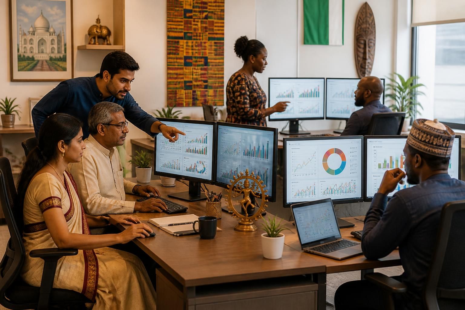 analyse détaillée des données démographiques et socio-économiques en inde, ghana et nigeria à travers des charts et calculs approfondis.
